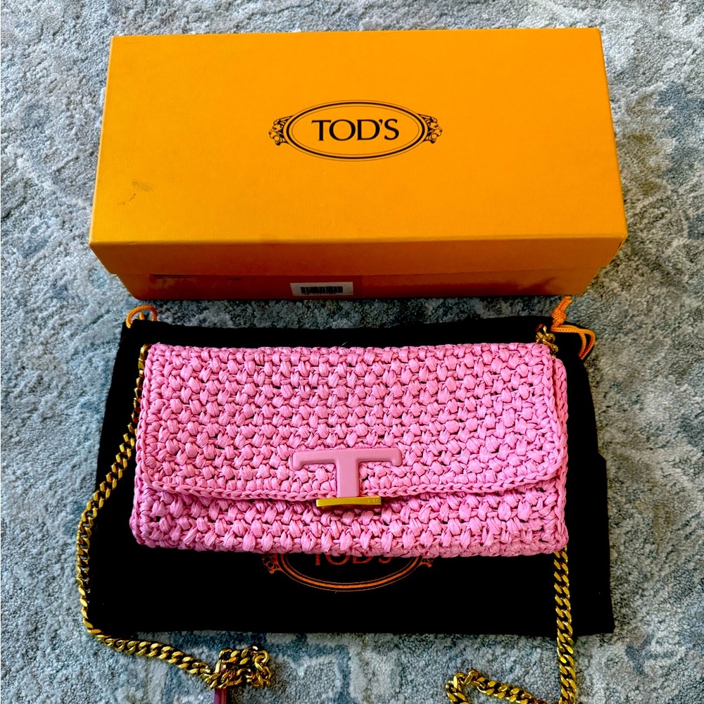 AUTHENTIC TODS RAFFIA STRAW CROCHET CLUTCH BAG PURSE LIKE NEW BARBIE PINK COLOR